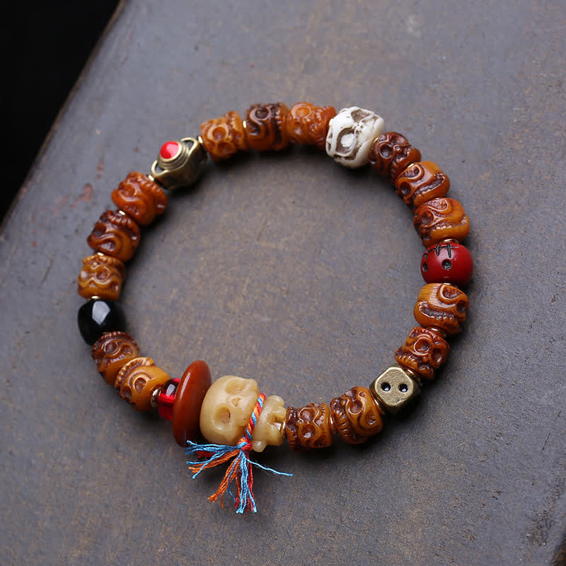 Buddha Stones Bracciale tibetano in osso intagliato a mano con perline, Signore dei Cadaveri, Protezione della Foresta. - 5,9–6,3 pollici / 15–16 cm - image 0