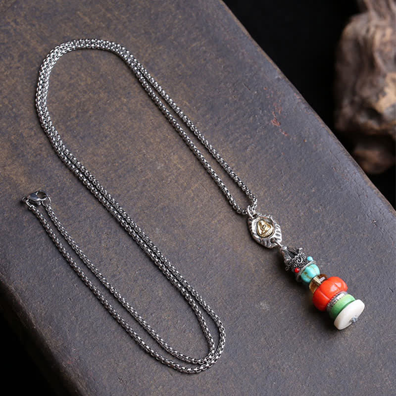 Buddha Stones Collana protettiva multicolore con perline in acciaio al titanio e design a cumulo di pietre Mani tibetane, Buddha senza forma, con pietra Mani tibetana. - image 1