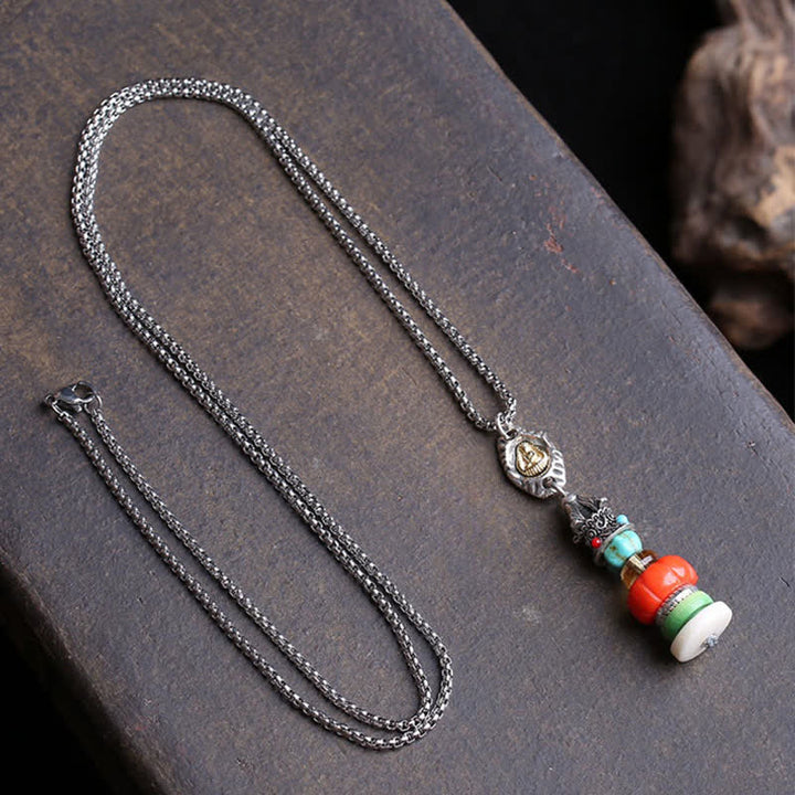 Buddha Stones Collana protettiva multicolore con perline in acciaio al titanio e design a cumulo di pietre Mani tibetane, Buddha senza forma, con pietra Mani tibetana. - image 1