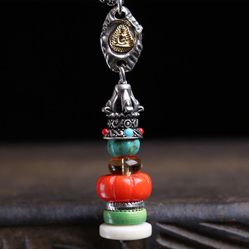 Buddha Stones Collana protettiva multicolore con perline in acciaio al titanio e design a cumulo di pietre Mani tibetane, Buddha senza forma, con pietra Mani tibetana. - image 2