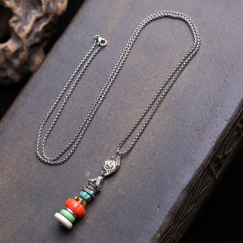 Buddha Stones Collana protettiva multicolore con perline in acciaio al titanio e design a cumulo di pietre Mani tibetane, Buddha senza forma, con pietra Mani tibetana. - Circa 7–13 mm - image 0