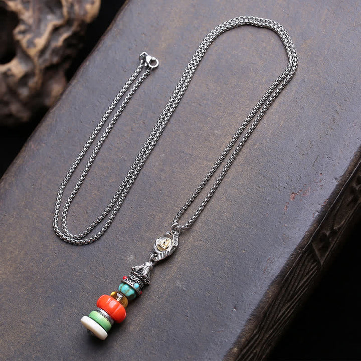 Buddha Stones Collana protettiva multicolore con perline in acciaio al titanio e design a cumulo di pietre Mani tibetane, Buddha senza forma, con pietra Mani tibetana. - Circa 7–13 mm - image 0