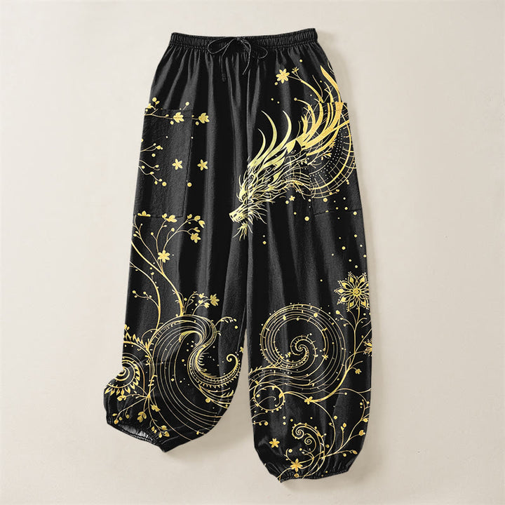 Buddha Stones Pantaloni harem da donna in cotone con elastico in vita e motivo floreale a spirale di drago dorato, con tasche laterali. - image 3