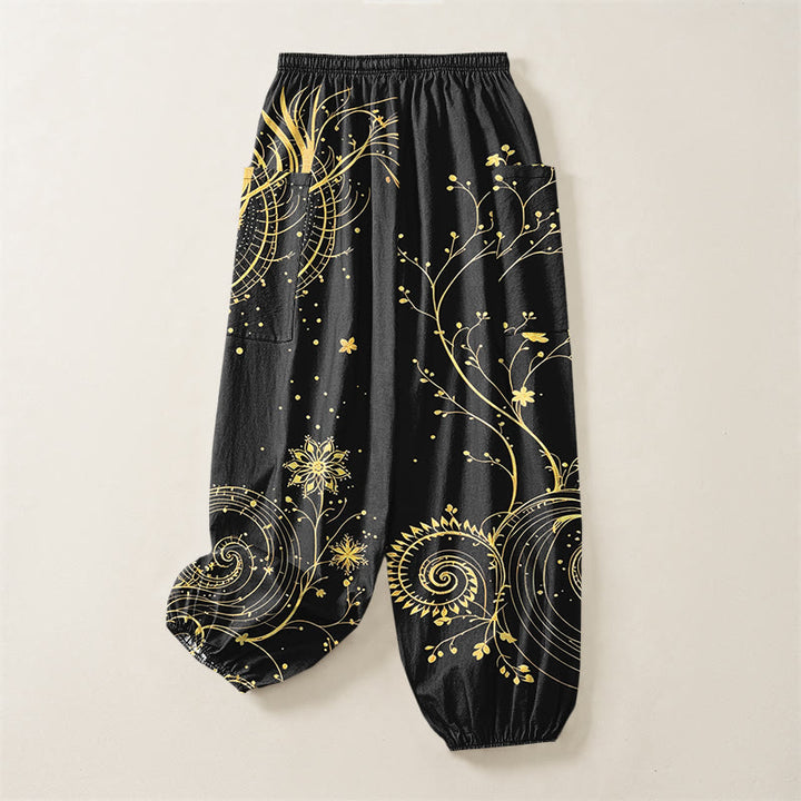 Buddha Stones Pantaloni harem da donna in cotone con elastico in vita e motivo floreale a spirale di drago dorato, con tasche laterali. - image 4