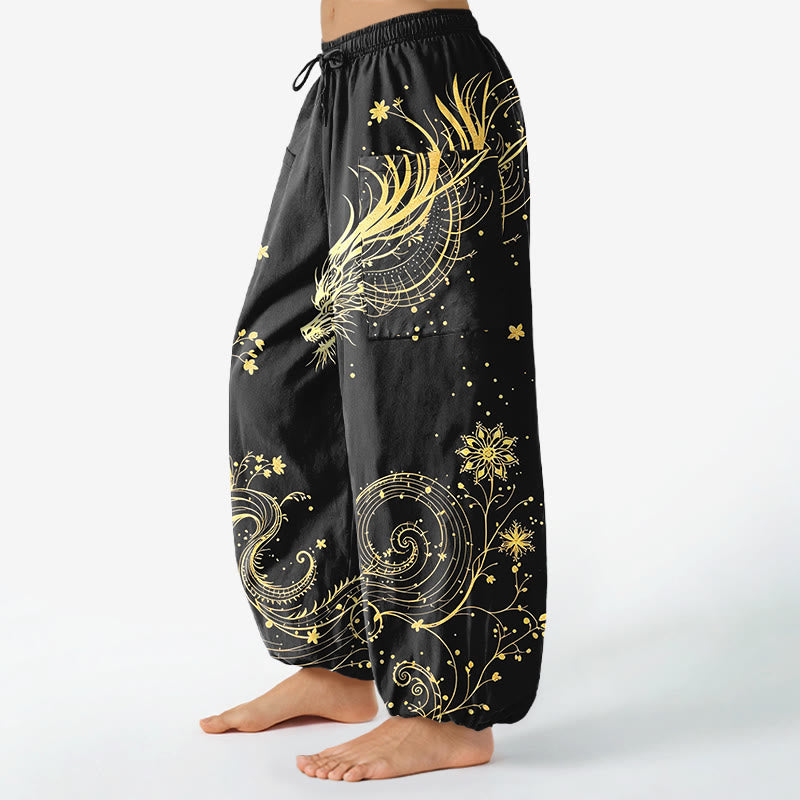 Buddha Stones Pantaloni harem da donna in cotone con elastico in vita e motivo floreale a spirale di drago dorato, con tasche laterali. - image 1