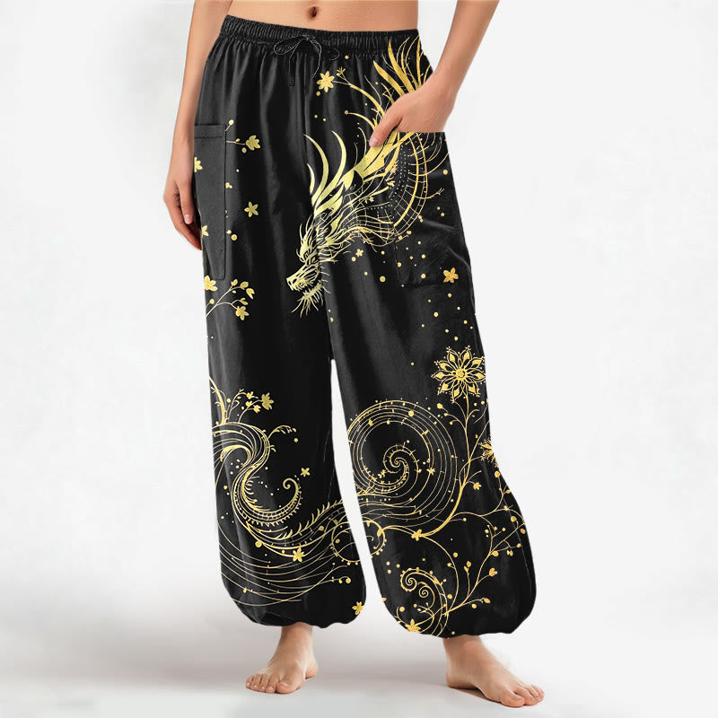 Buddha Stones Pantaloni harem da donna in cotone con elastico in vita e motivo floreale a spirale di drago dorato, con tasche laterali. - Nero - US16, UK/AU20, EU48 (3XL) - image 0