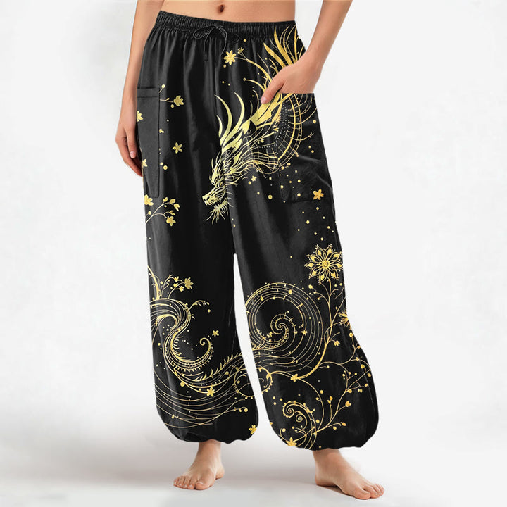 Buddha Stones Pantaloni harem da donna in cotone con elastico in vita e motivo floreale a spirale di drago dorato, con tasche laterali. - Nero - US16, UK/AU20, EU48 (3XL) - image 0