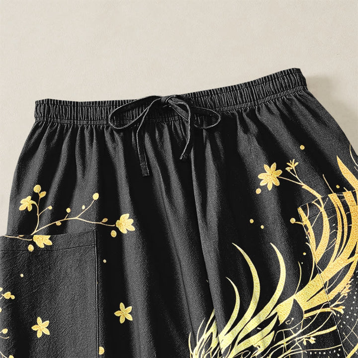Buddha Stones Pantaloni harem da donna in cotone con elastico in vita e motivo floreale a spirale di drago dorato, con tasche laterali. - image 5