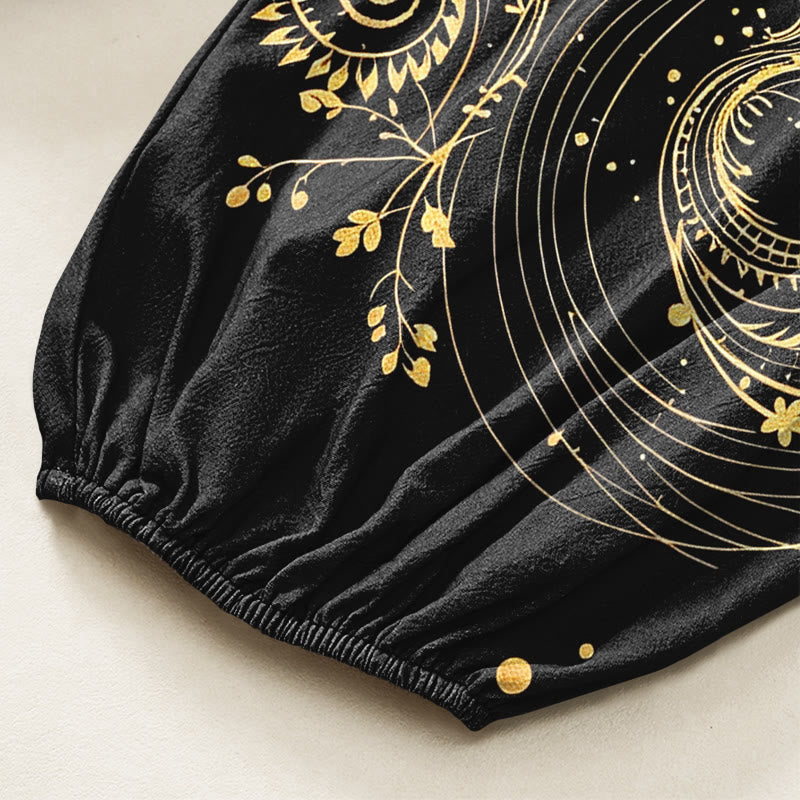 Buddha Stones Pantaloni harem da donna in cotone con elastico in vita e motivo floreale a spirale di drago dorato, con tasche laterali. - image 6