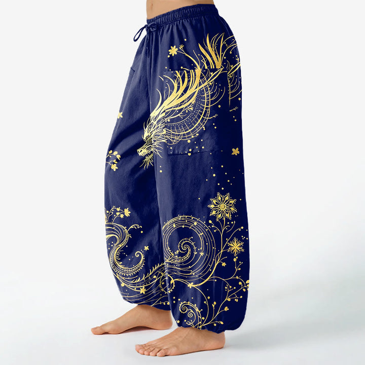 Buddha Stones Pantaloni harem da donna in cotone con elastico in vita e motivo floreale a spirale di drago dorato, con tasche laterali. - image 8