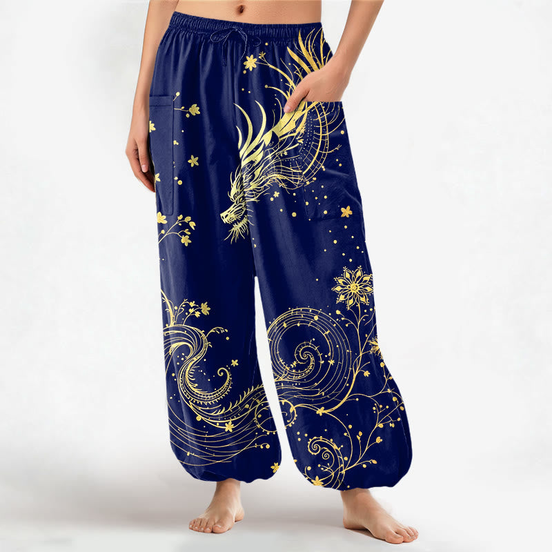 Buddha Stones Pantaloni harem da donna in cotone con elastico in vita e motivo floreale a spirale di drago dorato, con tasche laterali. - Marina - US16, UK/AU20, EU48 (3XL) - image 7