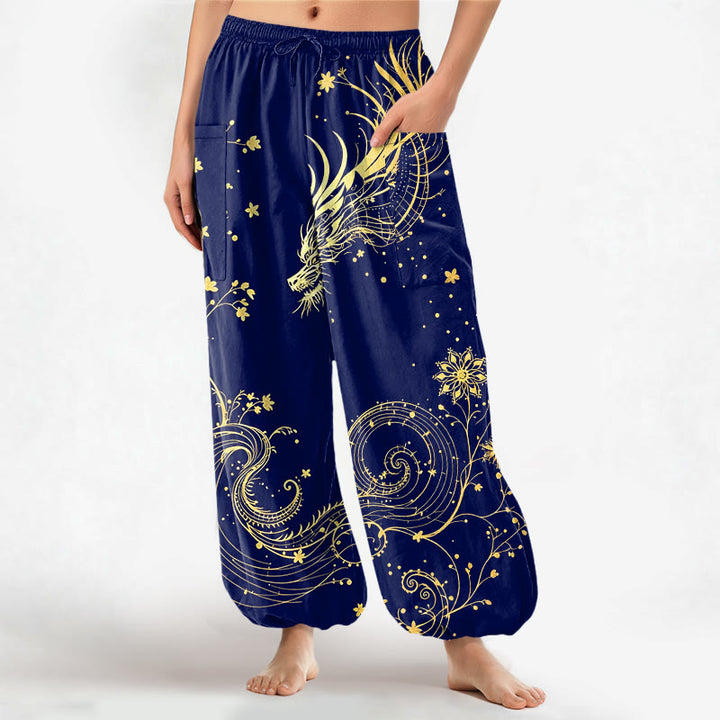 Buddha Stones Pantaloni harem da donna in cotone con elastico in vita e motivo floreale a spirale di drago dorato, con tasche laterali. - Marina - US16, UK/AU20, EU48 (3XL) - image 7
