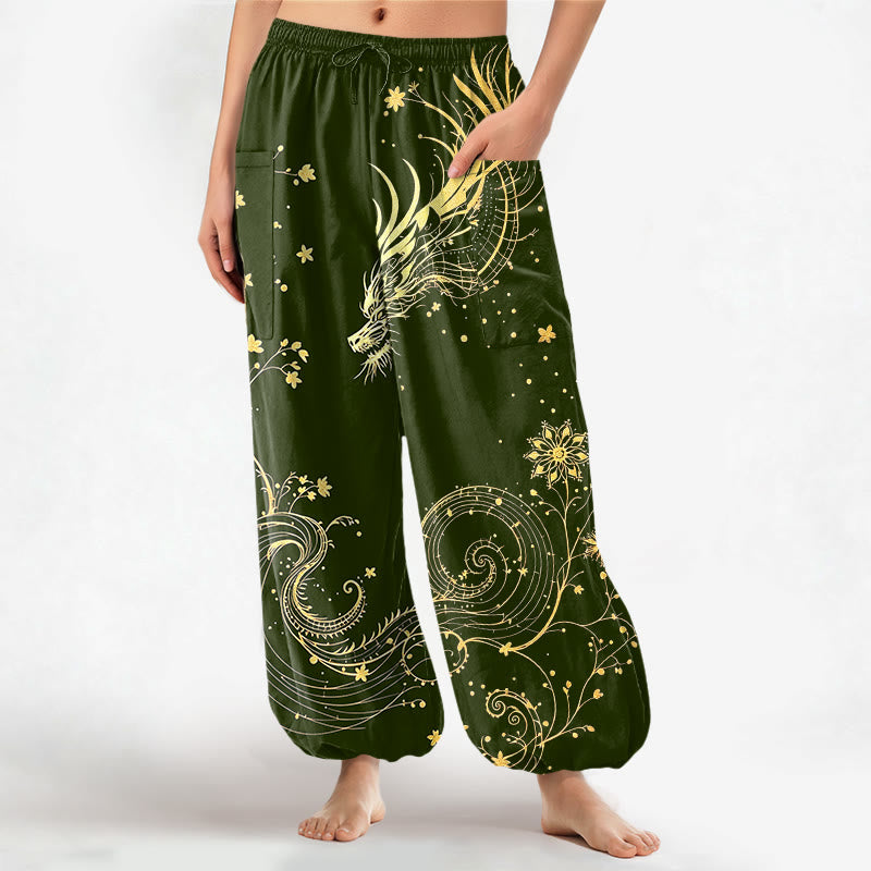 Buddha Stones Pantaloni harem da donna in cotone con elastico in vita e motivo floreale a spirale di drago dorato, con tasche laterali. - Verde oliva scuro - US16, UK/AU20, EU48 (3XL) - image 10