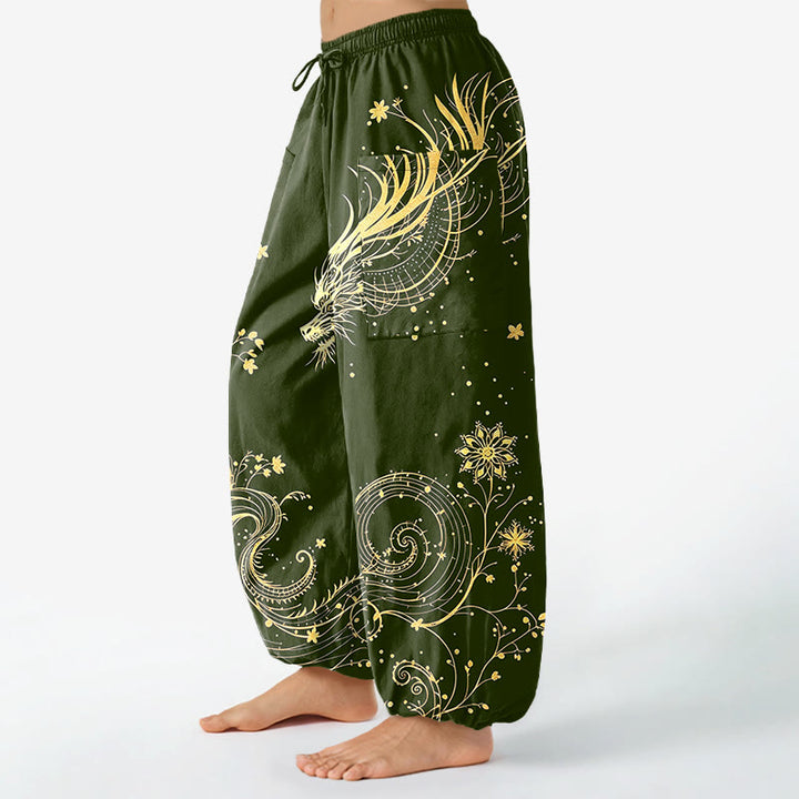 Buddha Stones Pantaloni harem da donna in cotone con elastico in vita e motivo floreale a spirale di drago dorato, con tasche laterali. - image 11
