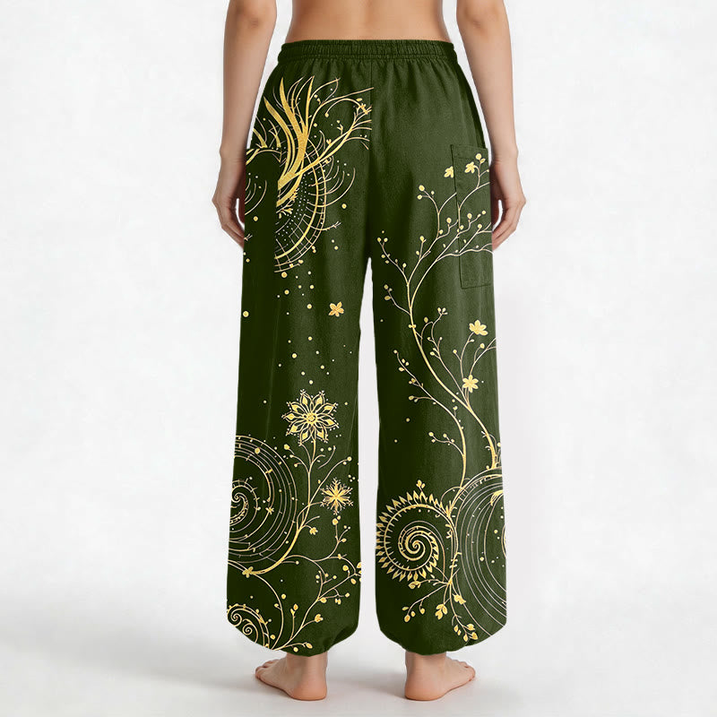 Buddha Stones Pantaloni harem da donna in cotone con elastico in vita e motivo floreale a spirale di drago dorato, con tasche laterali. - image 12