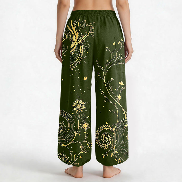 Buddha Stones Pantaloni harem da donna in cotone con elastico in vita e motivo floreale a spirale di drago dorato, con tasche laterali. - image 12