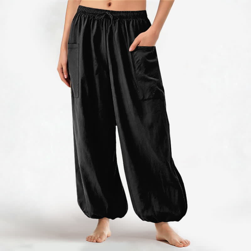Buddha Stones Pantaloni harem da donna in cotone a tinta unita, con fantasia minimalista e vita elasticizzata, dotati di tasche laterali. - Nero - US16, UK/AU20, EU48 (3XL) - image 0