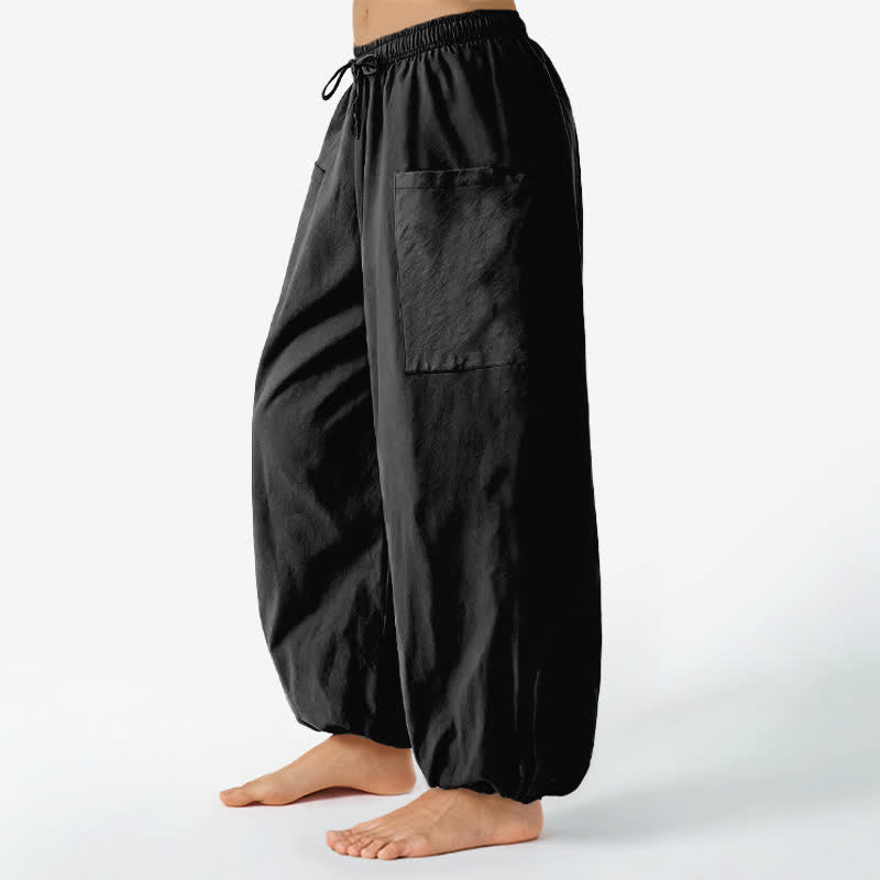 Buddha Stones Pantaloni harem da donna in cotone a tinta unita, con fantasia minimalista e vita elasticizzata, dotati di tasche laterali. - image 1