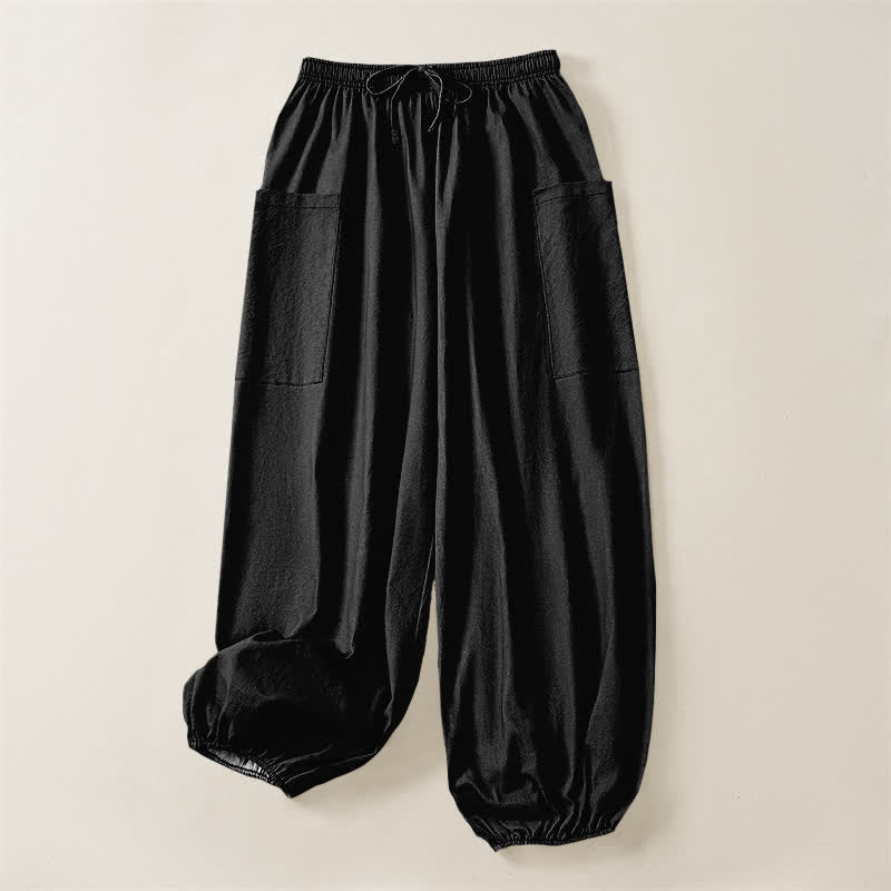 Buddha Stones Pantaloni harem da donna in cotone a tinta unita, con fantasia minimalista e vita elasticizzata, dotati di tasche laterali. - image 3