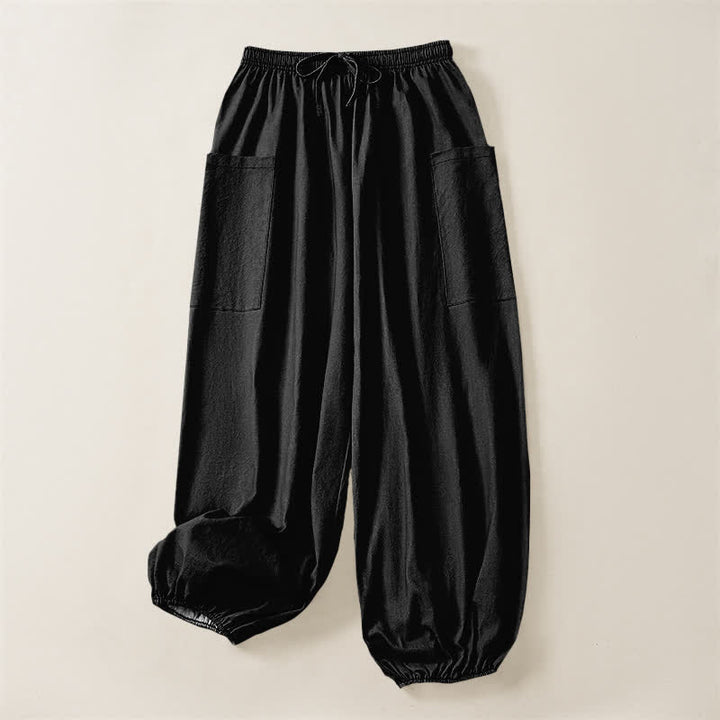 Buddha Stones Pantaloni harem da donna in cotone a tinta unita, con fantasia minimalista e vita elasticizzata, dotati di tasche laterali. - image 3