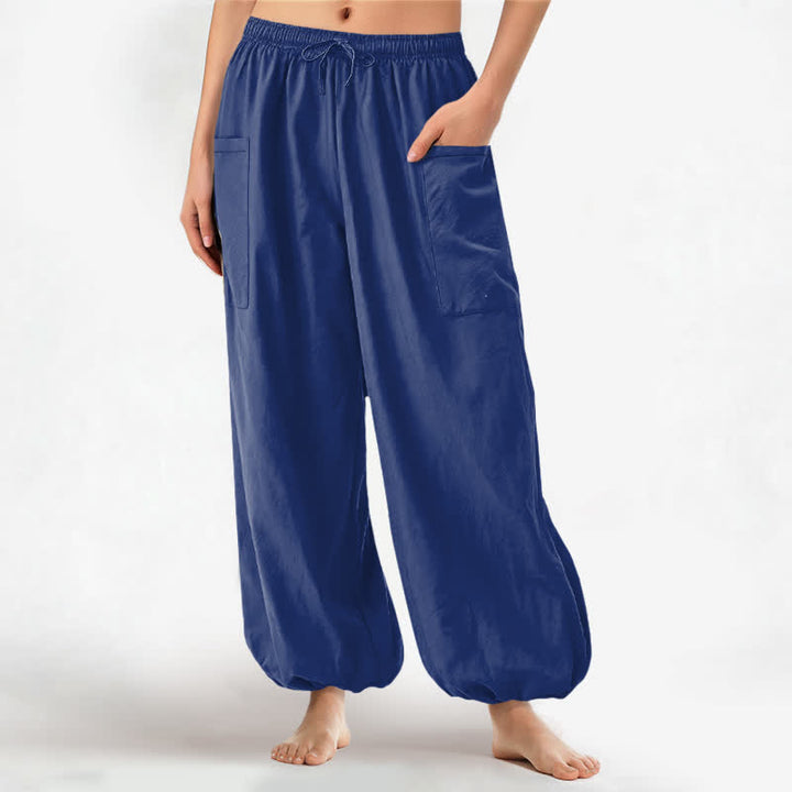 Buddha Stones Pantaloni harem da donna in cotone a tinta unita, con fantasia minimalista e vita elasticizzata, dotati di tasche laterali. - Marina - US16, UK/AU20, EU48 (3XL) - image 7