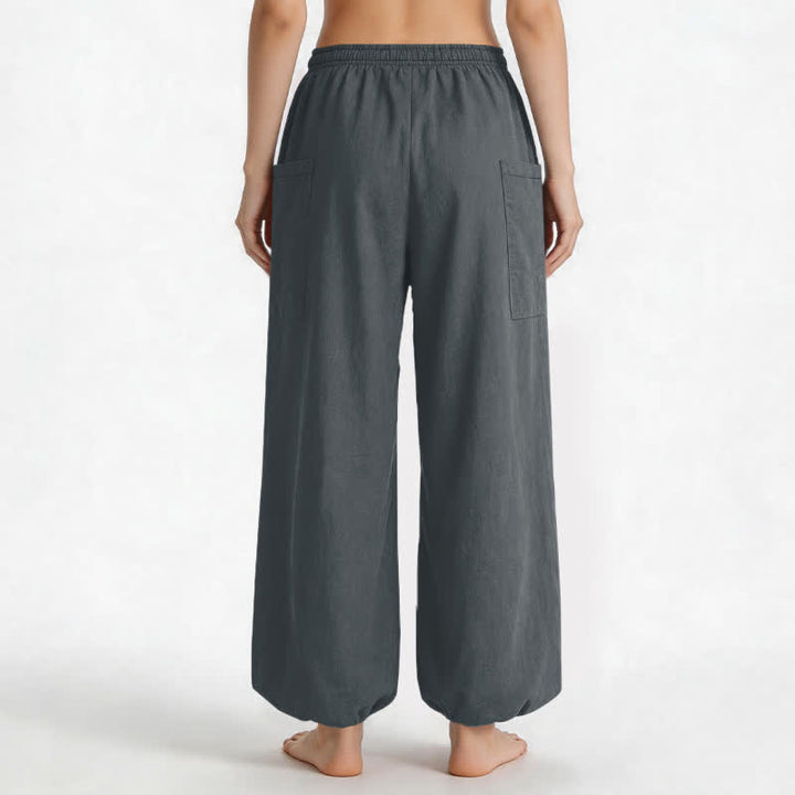 Buddha Stones Pantaloni harem da donna in cotone a tinta unita, con fantasia minimalista e vita elasticizzata, dotati di tasche laterali. - image 12