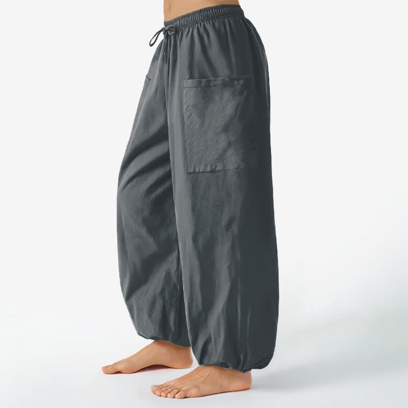 Buddha Stones Pantaloni harem da donna in cotone a tinta unita, con fantasia minimalista e vita elasticizzata, dotati di tasche laterali. - image 11