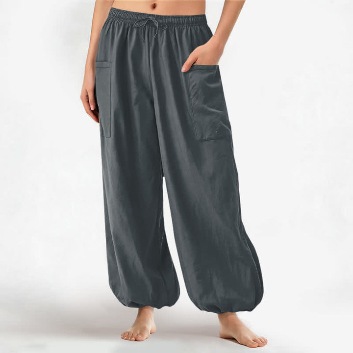 Buddha Stones Pantaloni harem da donna in cotone a tinta unita, con fantasia minimalista e vita elasticizzata, dotati di tasche laterali. - Grigio ardesia - US16, UK/AU20, EU48 (3XL) - image 10
