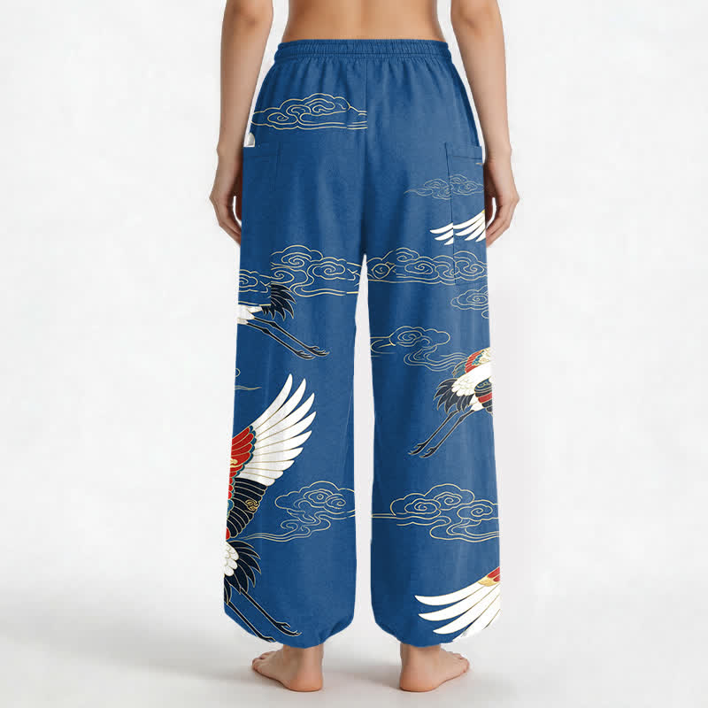 Buddha Stones Pantaloni harem da donna in cotone con motivo a gru e nuvole orientali, vita elasticizzata e tasche laterali. - image 2
