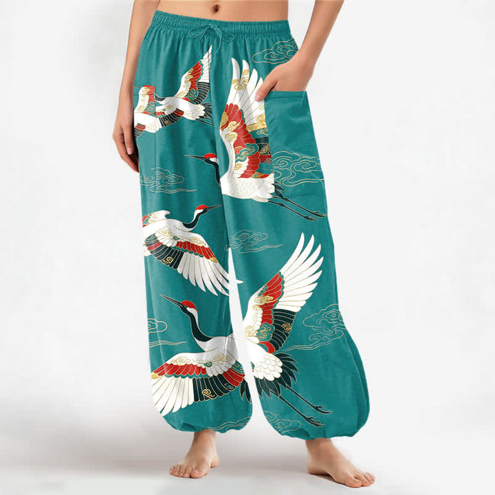 Buddha Stones Pantaloni harem da donna in cotone con motivo a gru e nuvole orientali, vita elasticizzata e tasche laterali. - Turchese medio - US16, UK/AU20, EU48 (3XL) - image 7