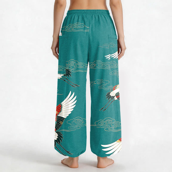 Buddha Stones Pantaloni harem da donna in cotone con motivo a gru e nuvole orientali, vita elasticizzata e tasche laterali. - image 9