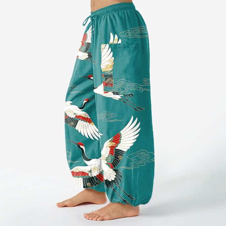 Buddha Stones Pantaloni harem da donna in cotone con motivo a gru e nuvole orientali, vita elasticizzata e tasche laterali. - image 8