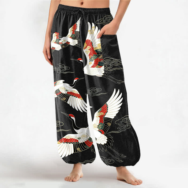 Buddha Stones Pantaloni harem da donna in cotone con motivo a gru e nuvole orientali, vita elasticizzata e tasche laterali. - Nero - US16, UK/AU20, EU48 (3XL) - image 10