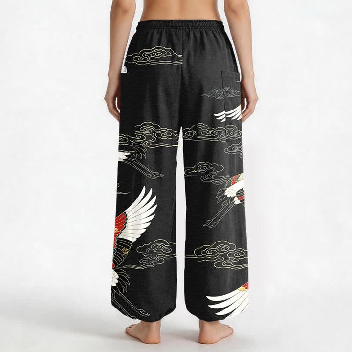 Buddha Stones Pantaloni harem da donna in cotone con motivo a gru e nuvole orientali, vita elasticizzata e tasche laterali. - image 12