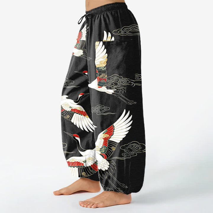 Buddha Stones Pantaloni harem da donna in cotone con motivo a gru e nuvole orientali, vita elasticizzata e tasche laterali. - image 11
