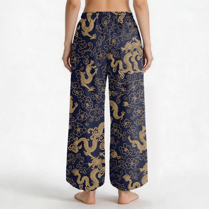 Buddha Stones Pantaloni harem da donna in cotone con elastico in vita e motivo floreale a drago dorato, con tasche laterali. - image 2