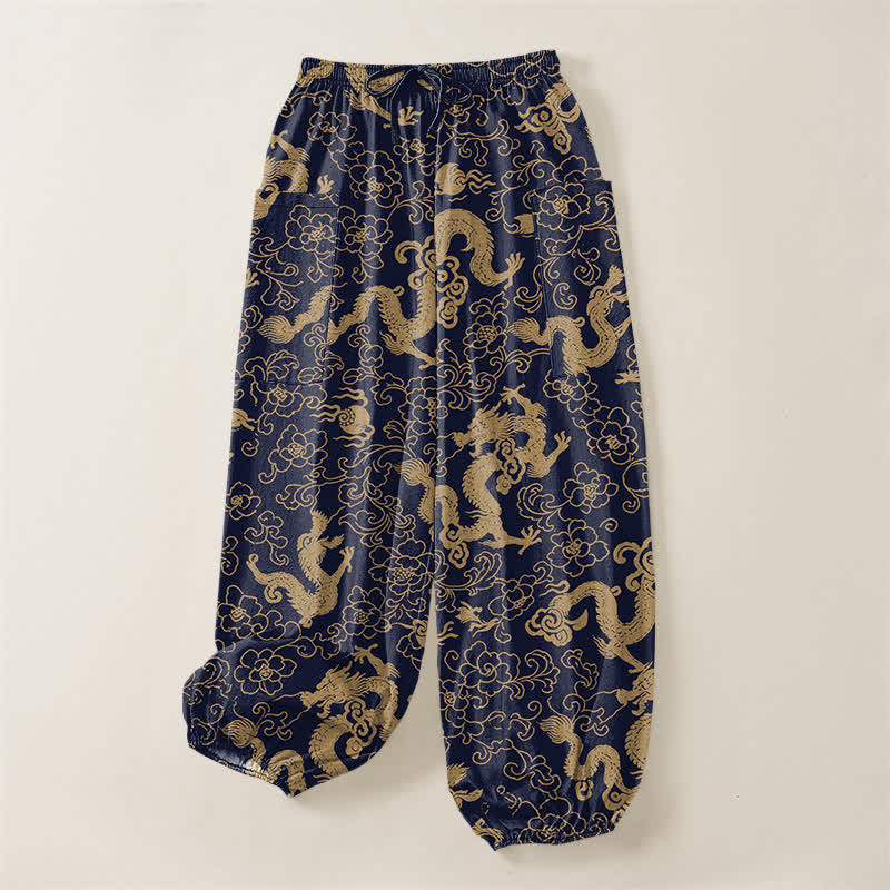 Buddha Stones Pantaloni harem da donna in cotone con elastico in vita e motivo floreale a drago dorato, con tasche laterali. - image 3