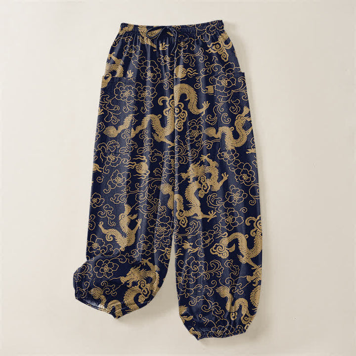 Buddha Stones Pantaloni harem da donna in cotone con elastico in vita e motivo floreale a drago dorato, con tasche laterali. - image 3