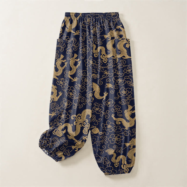 Buddha Stones Pantaloni harem da donna in cotone con elastico in vita e motivo floreale a drago dorato, con tasche laterali. - image 4