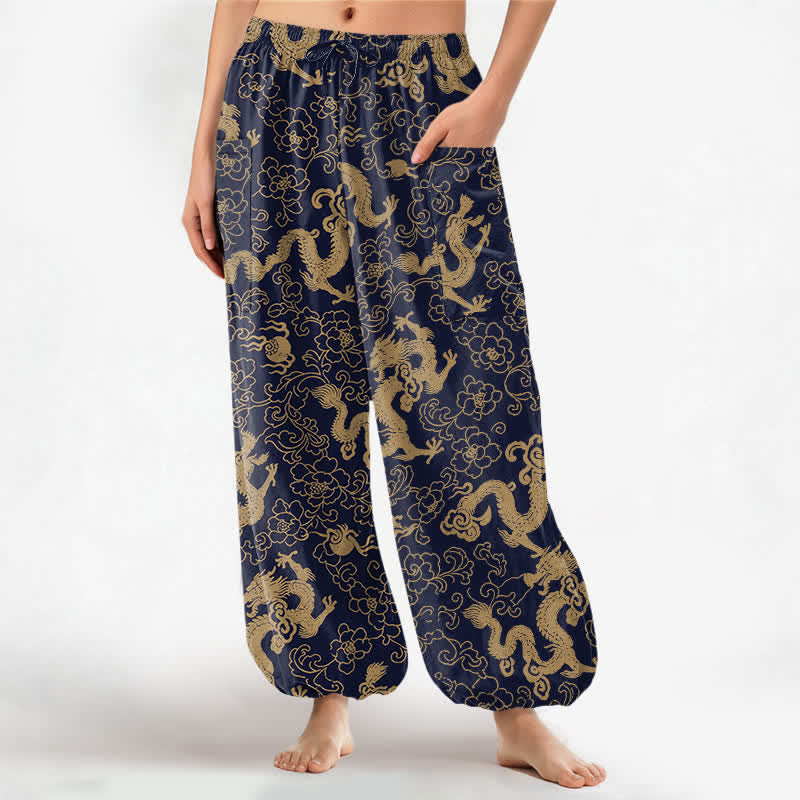 Buddha Stones Pantaloni harem da donna in cotone con elastico in vita e motivo floreale a drago dorato, con tasche laterali. - Marina - US16, UK/AU20, EU48 (3XL) - image 0
