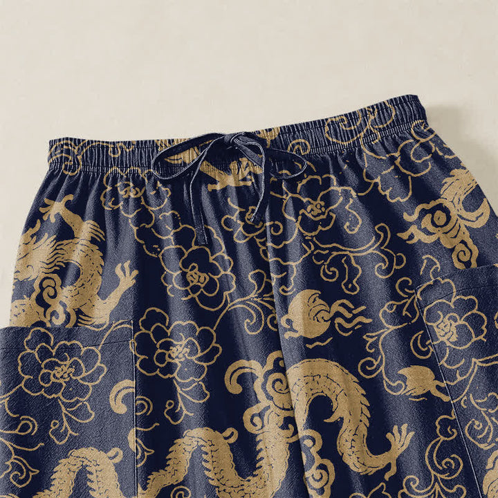 Buddha Stones Pantaloni harem da donna in cotone con elastico in vita e motivo floreale a drago dorato, con tasche laterali. - image 5
