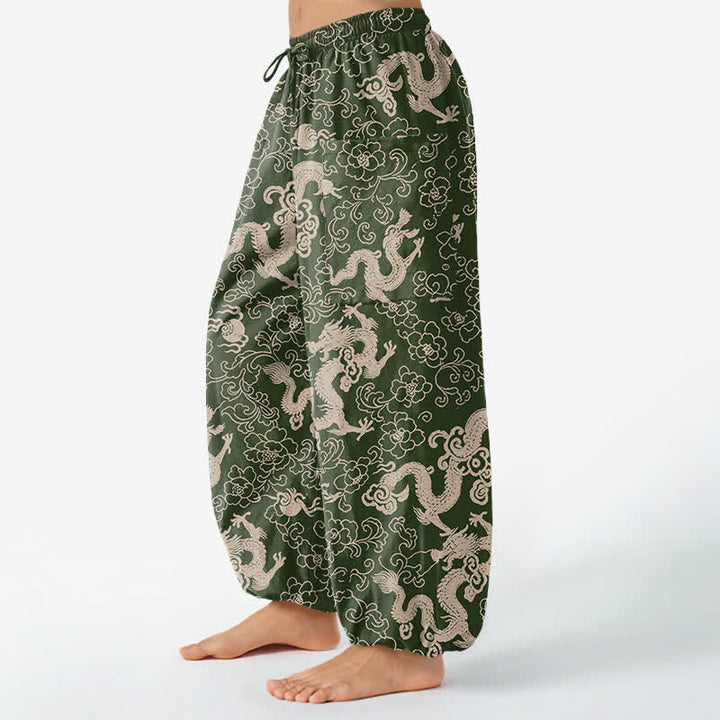 Buddha Stones Pantaloni harem da donna in cotone con elastico in vita e motivo floreale a drago dorato, con tasche laterali. - image 8