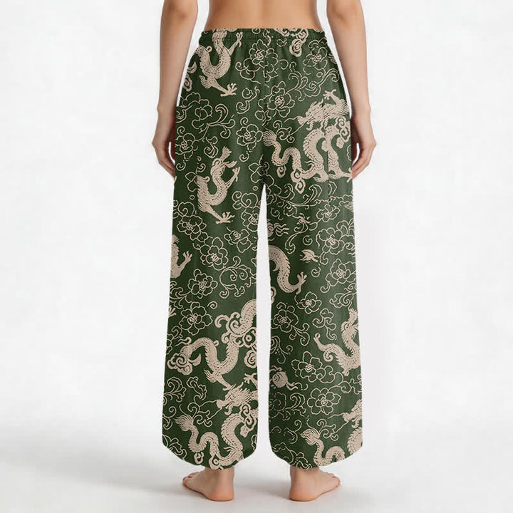 Buddha Stones Pantaloni harem da donna in cotone con elastico in vita e motivo floreale a drago dorato, con tasche laterali. - image 9