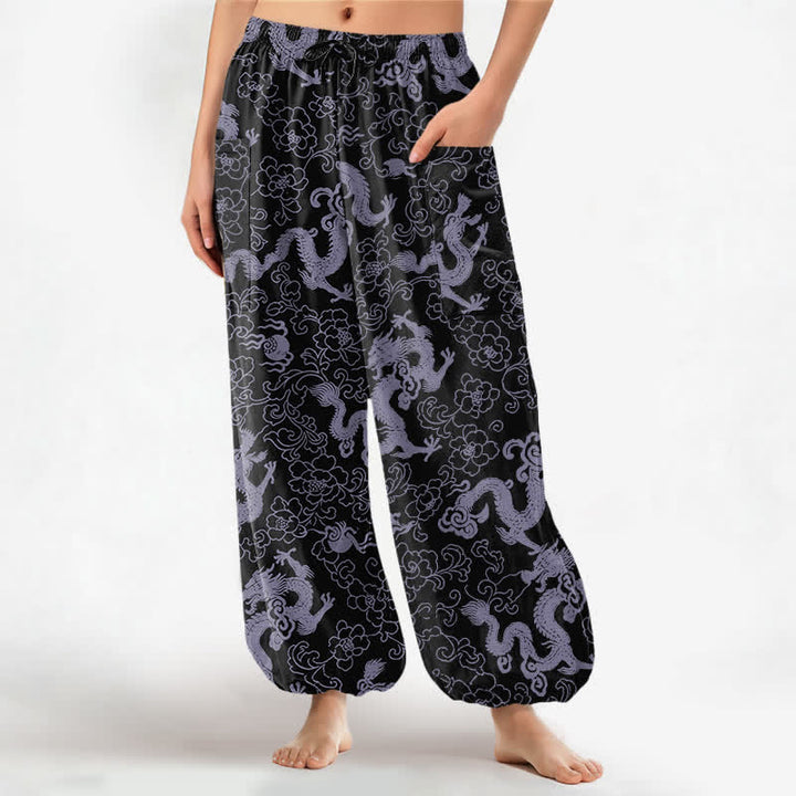 Buddha Stones Pantaloni harem da donna in cotone con elastico in vita e motivo floreale a drago dorato, con tasche laterali. - Nero - US16, UK/AU20, EU48 (3XL) - image 10