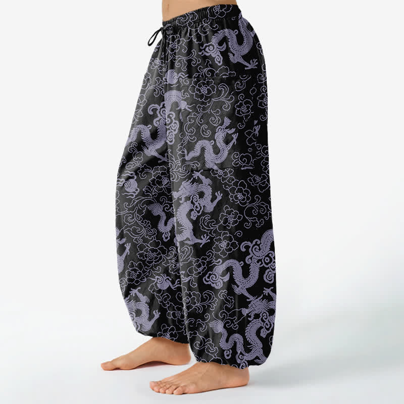Buddha Stones Pantaloni harem da donna in cotone con elastico in vita e motivo floreale a drago dorato, con tasche laterali. - image 11