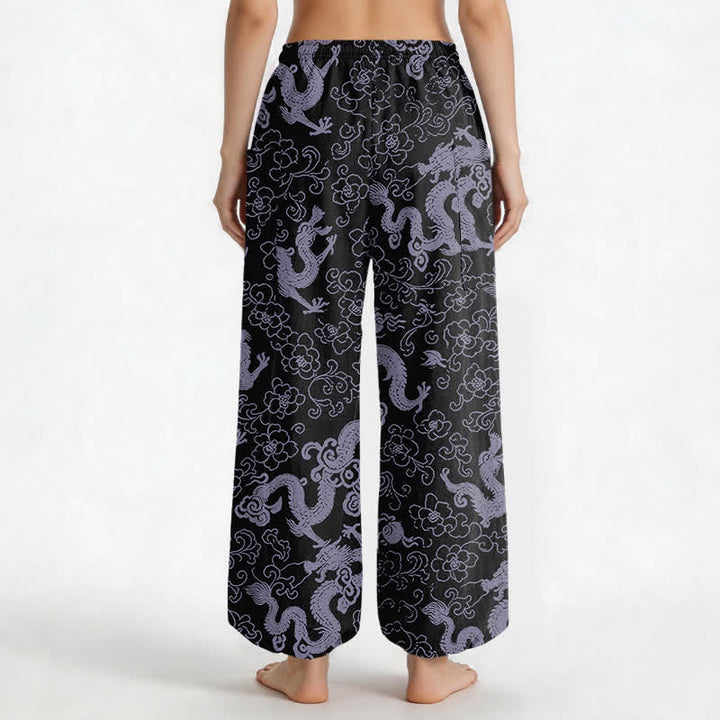 Buddha Stones Pantaloni harem da donna in cotone con elastico in vita e motivo floreale a drago dorato, con tasche laterali. - image 12