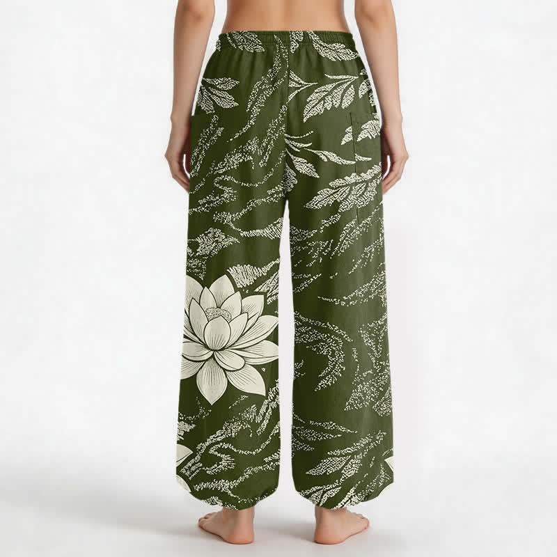 Buddha Stones Pantaloni harem da donna in cotone con motivo botanico di loto e vita elasticizzata, con tasche laterali. - image 2