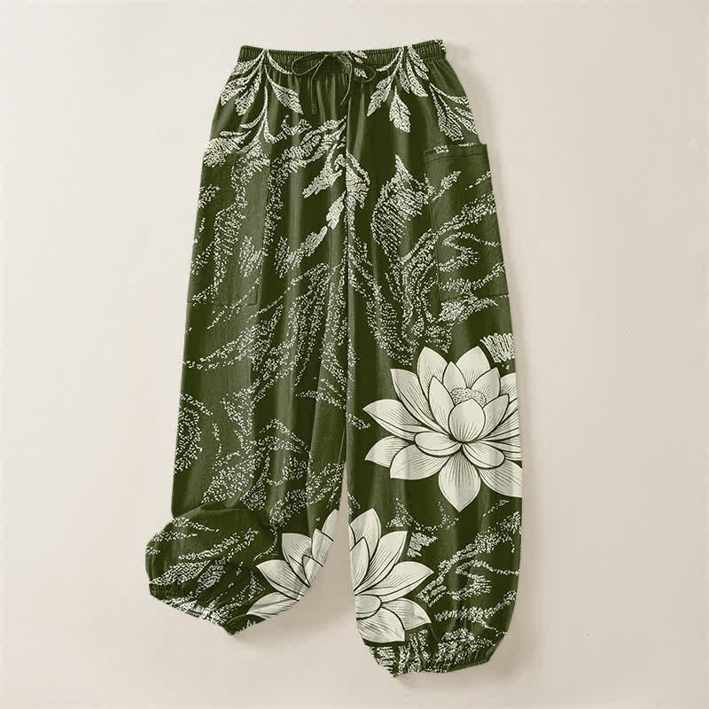 Buddha Stones Pantaloni harem da donna in cotone con motivo botanico di loto e vita elasticizzata, con tasche laterali. - image 3
