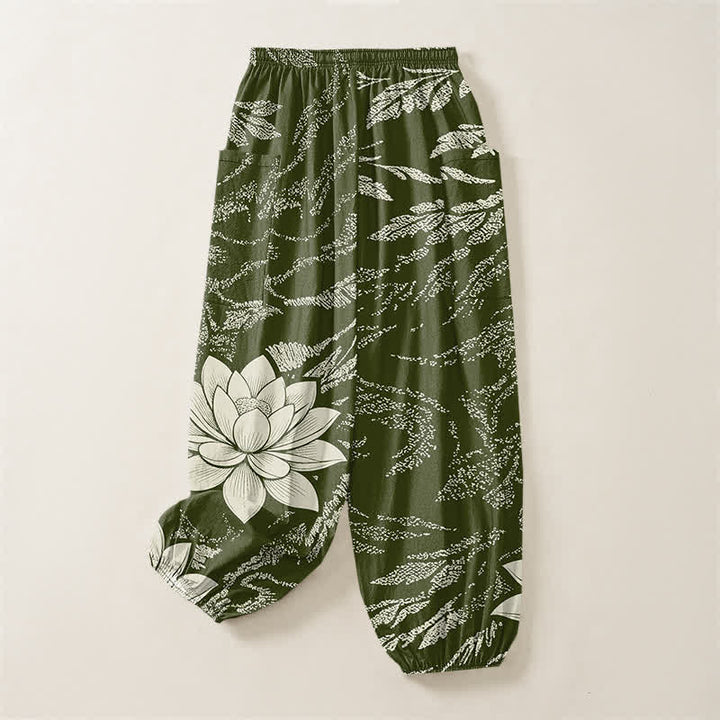 Buddha Stones Pantaloni harem da donna in cotone con motivo botanico di loto e vita elasticizzata, con tasche laterali. - image 4