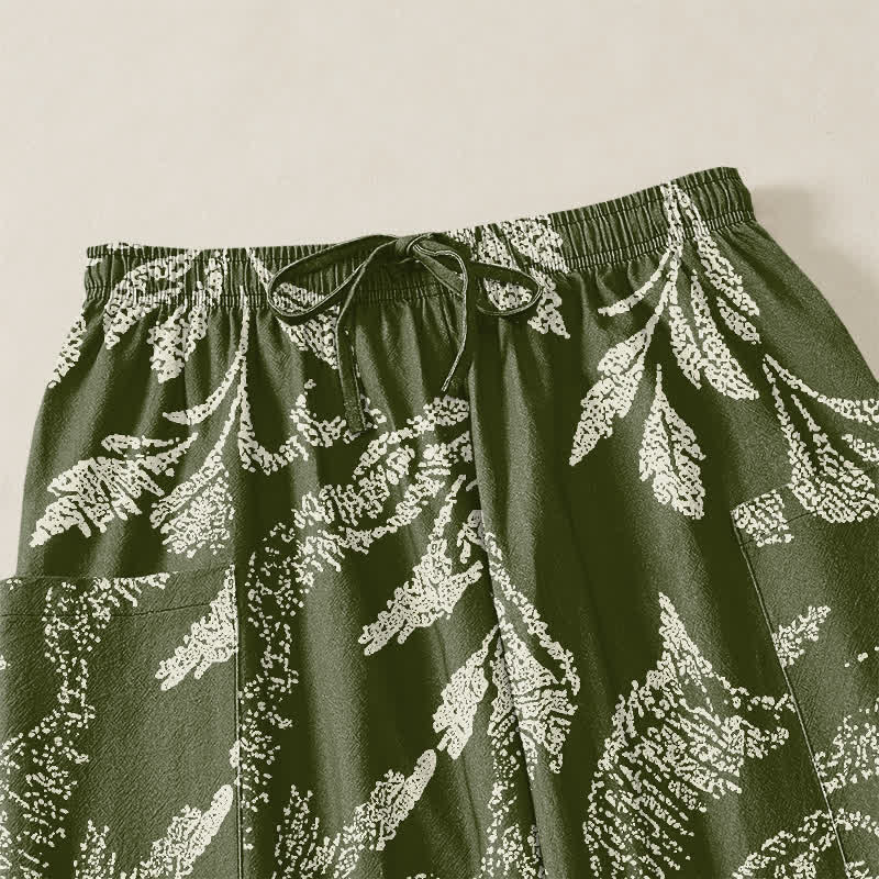 Buddha Stones Pantaloni harem da donna in cotone con motivo botanico di loto e vita elasticizzata, con tasche laterali. - image 5